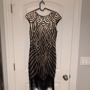 Black and Gold Sequin Fringe Dress